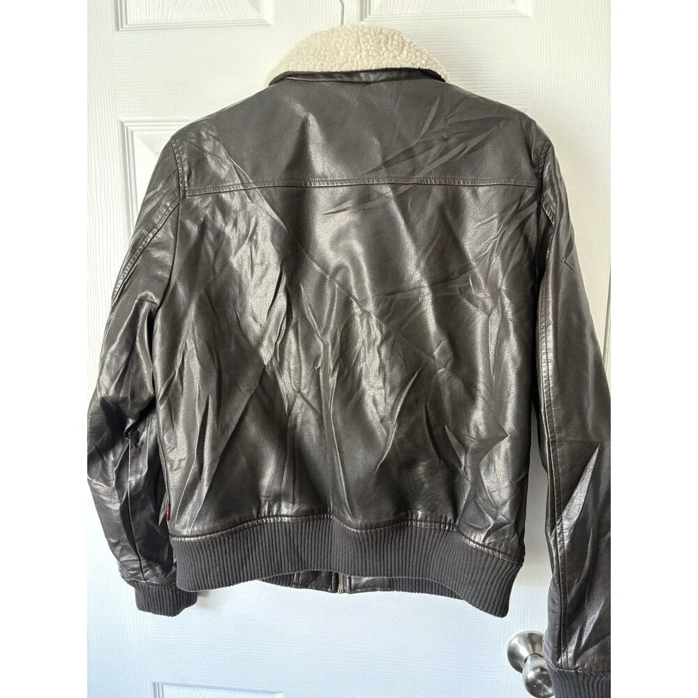 Womens Levis Brown Bomber Jacket Faux Leather Sherpa Lined Size Medium